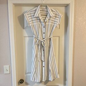 Calvin Klein White and Grey Striped Midi Dress